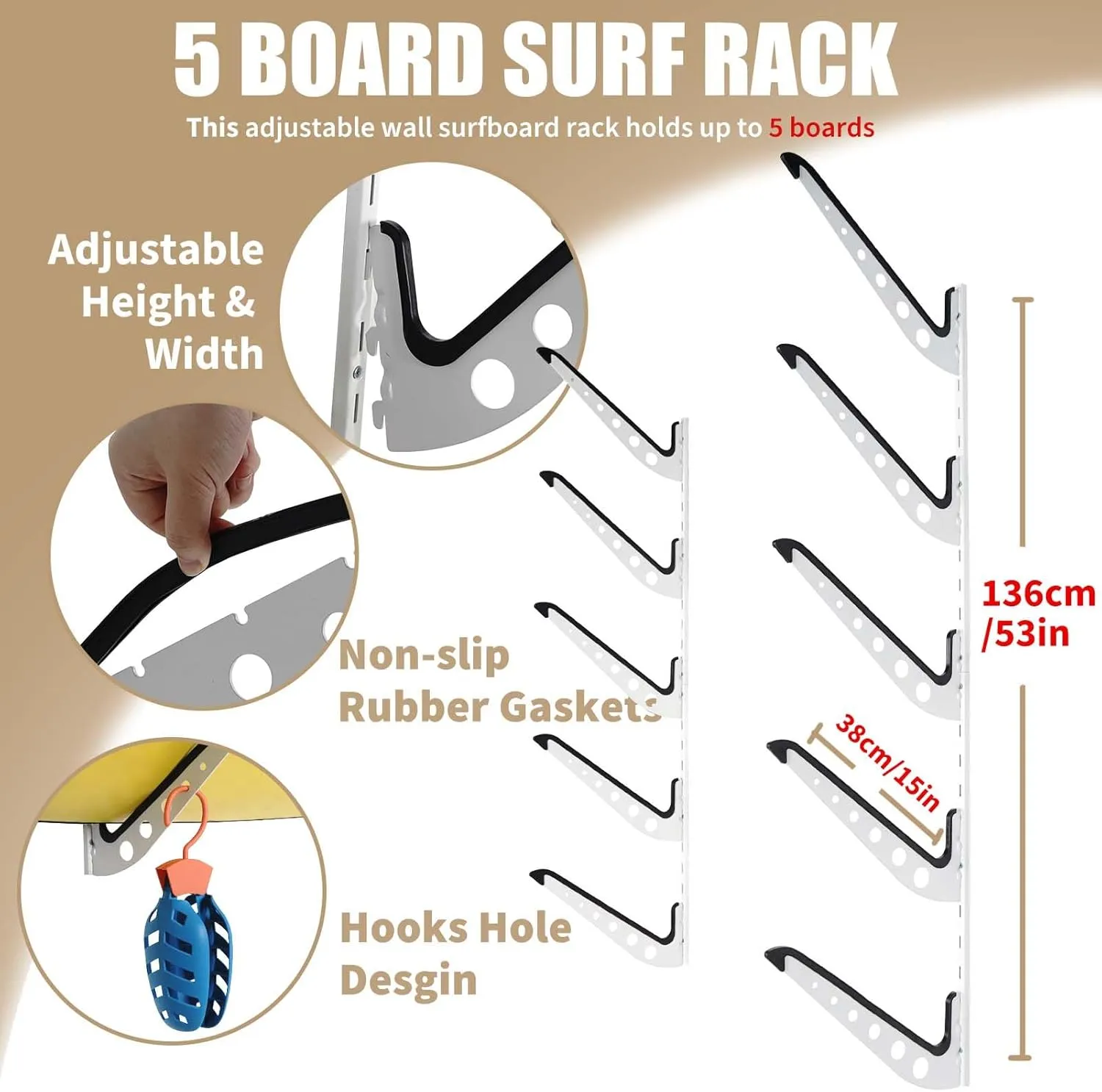 5 Board Surfboard Rack, Adjustable Surf Rack for Surfboard, Wakeboard, Snowboard Storage,Surfboard Wall Mount Display
