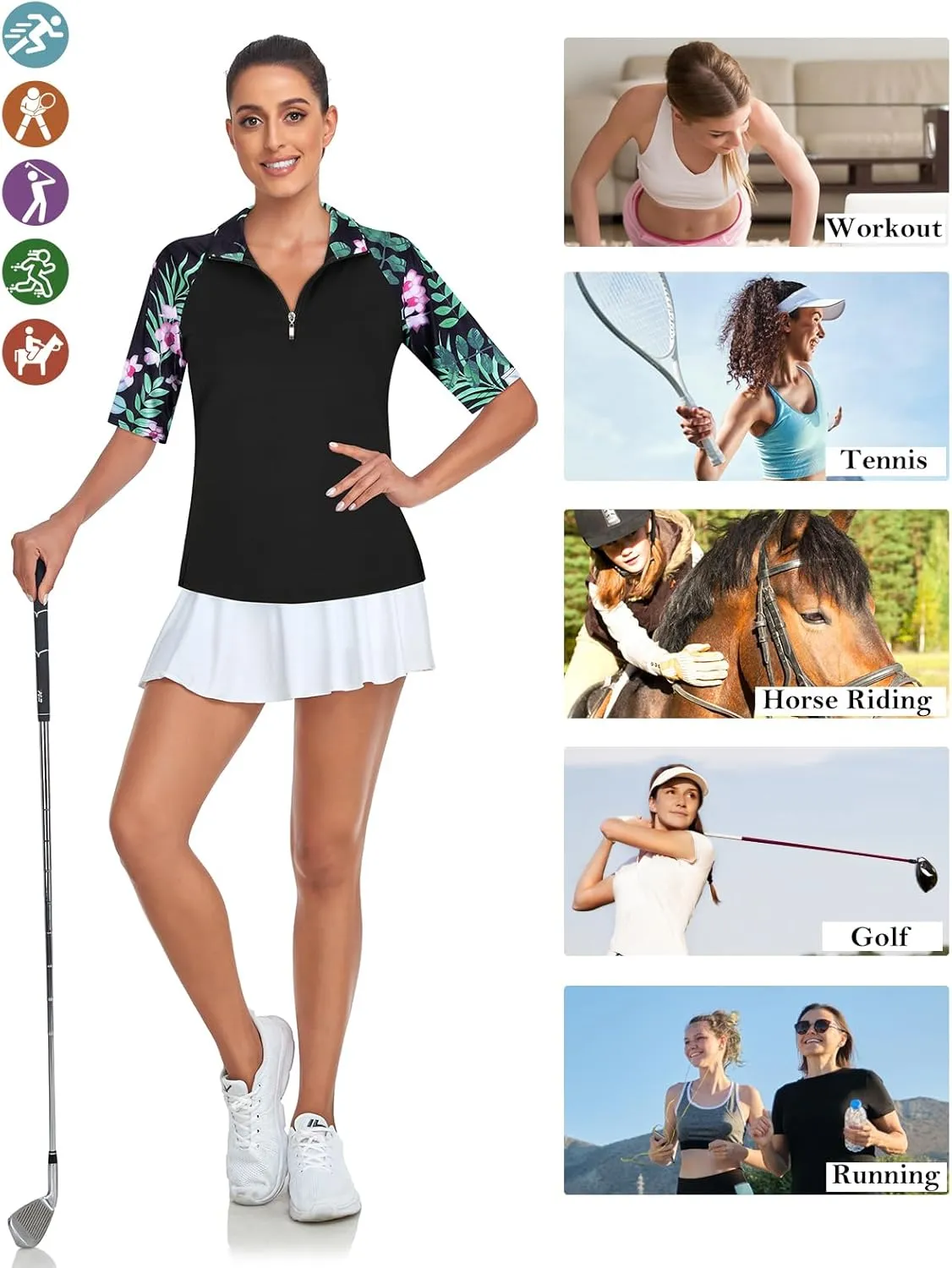 Cucuchy Womens Golf Shirt Half Sleeve Quarter Zip Polo Tennis Shirts Workout Tops