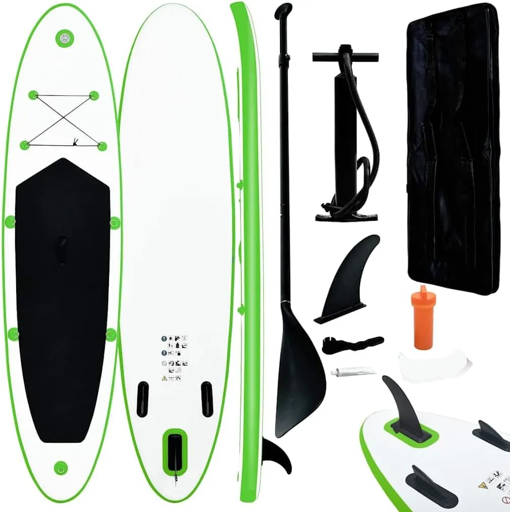 Inflatable Stand Up Paddle Board Set for Recreation and Learning, Durable EVA Material, Green and White