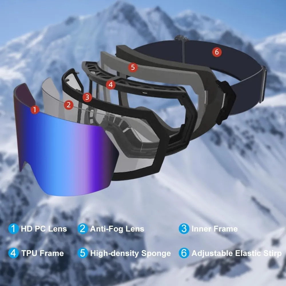 LESC Ski Goggles Anti-fog with UV400 Protection, HD OTG Design Snowboard Snow Skiing Goggles for Men Women Adult,Youth