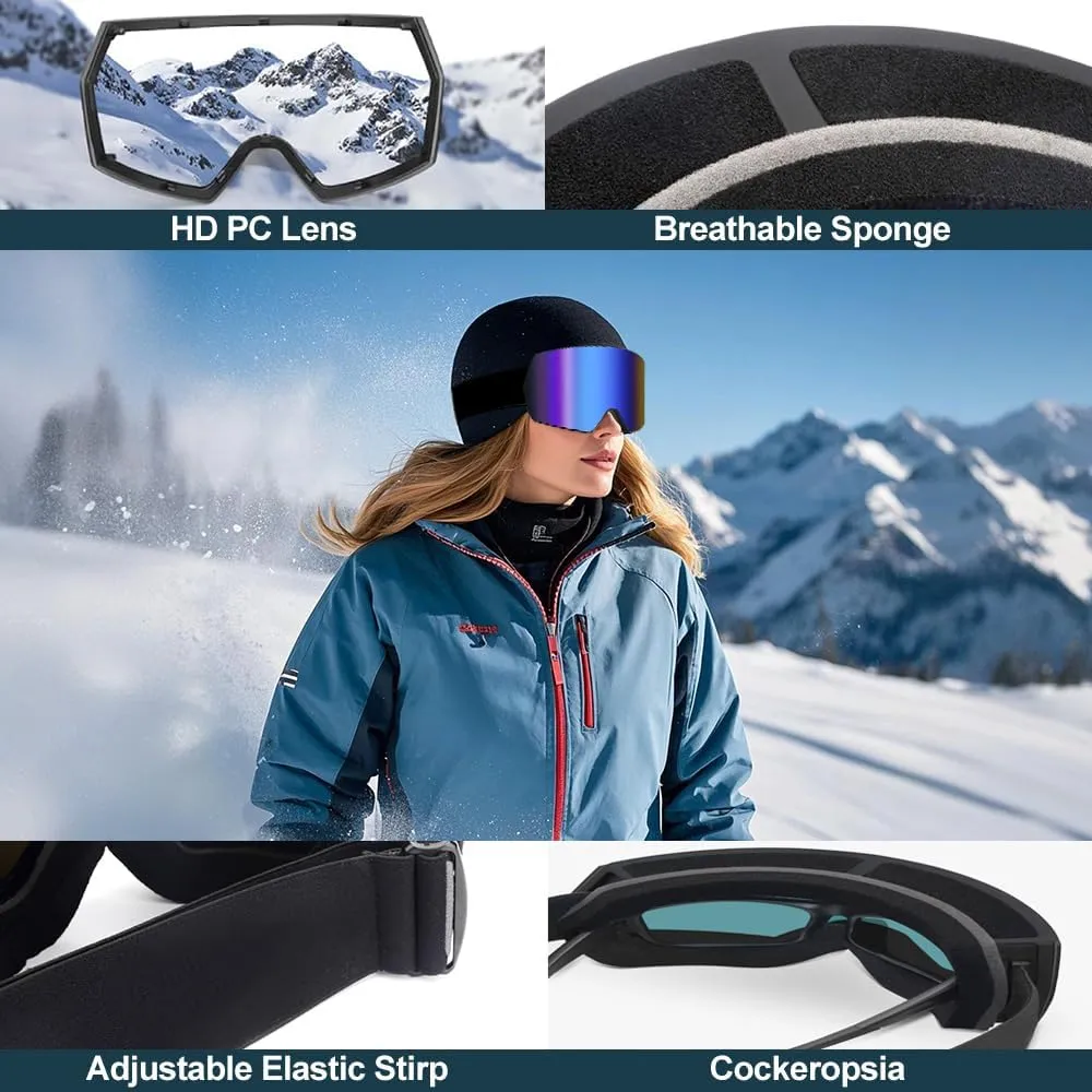 LESC Ski Goggles Anti-fog with UV400 Protection, HD OTG Design Snowboard Snow Skiing Goggles for Men Women Adult,Youth