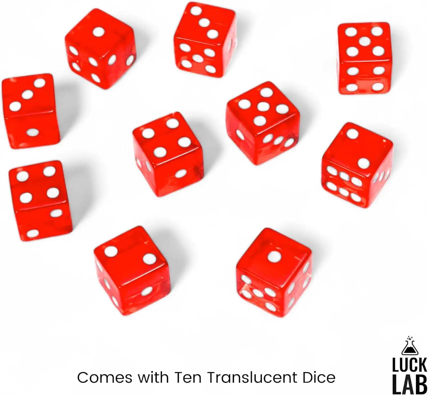 Luck Lab 10 Piece 19 mm Dice Pack - Acrylic and Translucent D6 Dice, Square w/Rounded Edge for Casino, Craps, RPG MTG DND Dice Table Games and Board Games (Red)