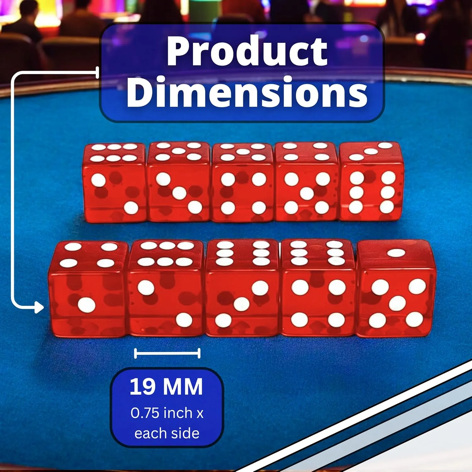 Luck Lab 10 Piece 19 mm Dice Pack - Acrylic and Translucent D6 Dice, Square w/Rounded Edge for Casino, Craps, RPG MTG DND Dice Table Games and Board Games (Red)