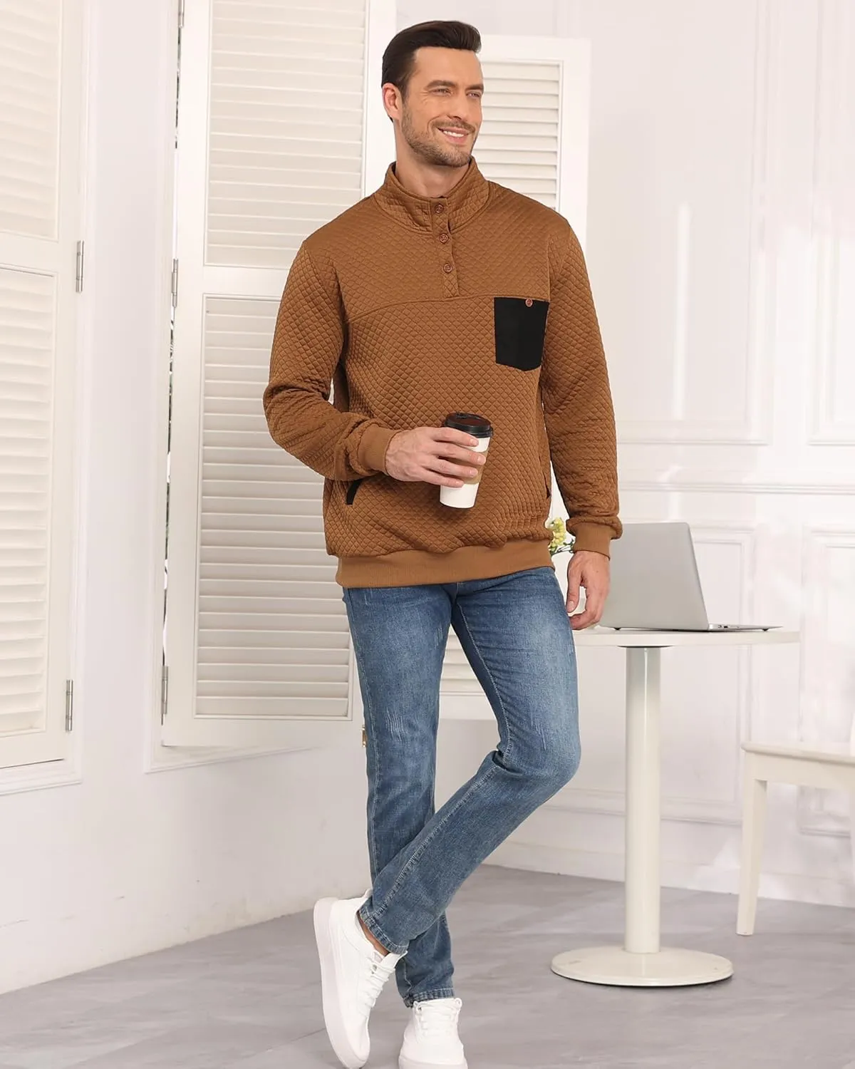 Men's Quarter Button Sweatshirts with Pocket Stand Collar Polo Pullover Sweater Long Sleeve Jacket Henley Waffle Knit Sweater