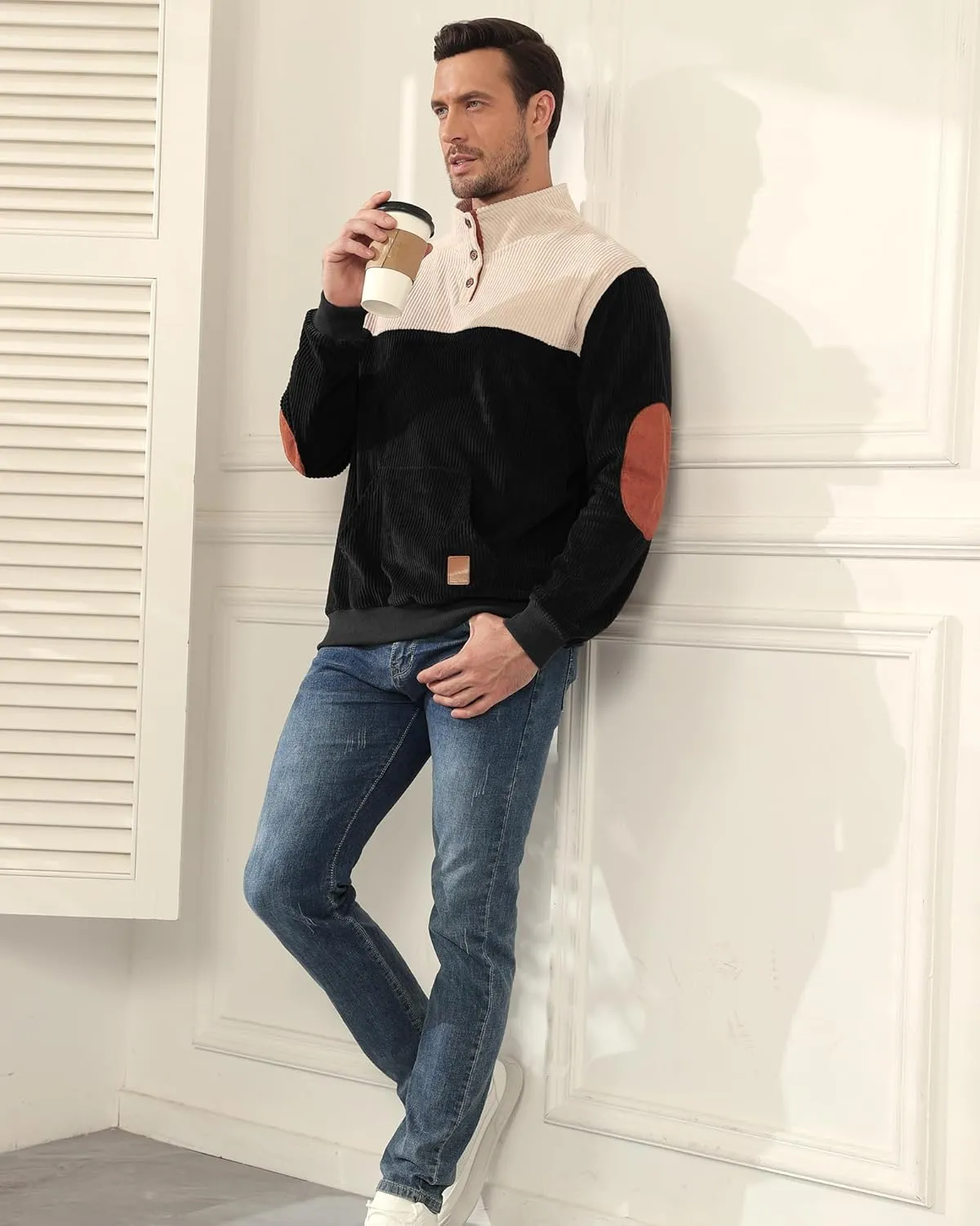 Men's Quarter Button Sweatshirts with Pocket Stand Collar Polo Pullover Sweater Long Sleeve Jacket Henley Waffle Knit Sweater