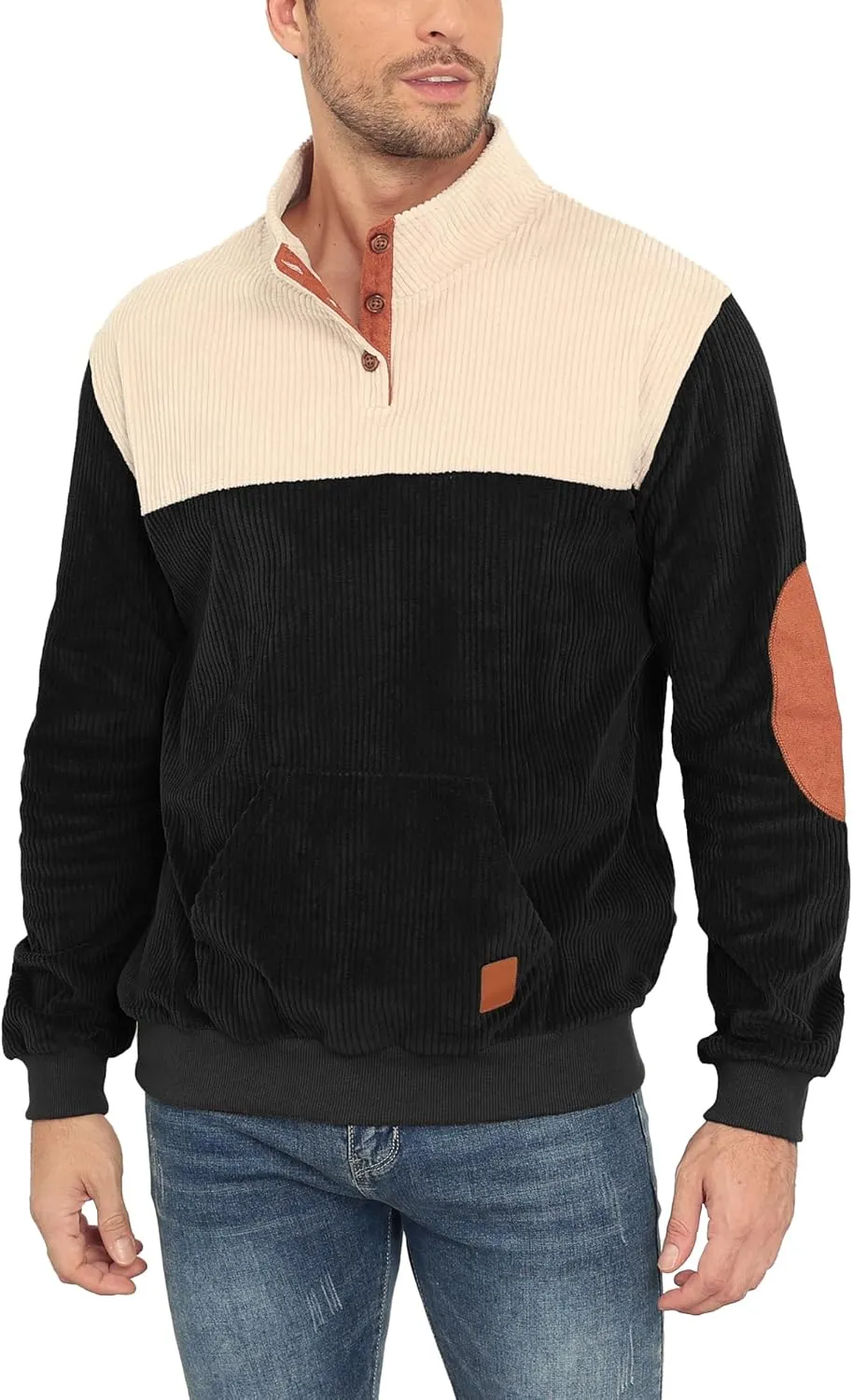 Men's Quarter Button Sweatshirts with Pocket Stand Collar Polo Pullover Sweater Long Sleeve Jacket Henley Waffle Knit Sweater