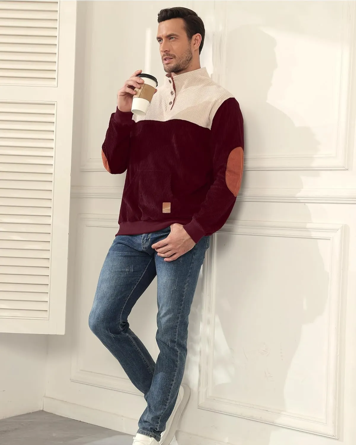 Men's Quarter Button Sweatshirts with Pocket Stand Collar Polo Pullover Sweater Long Sleeve Jacket Henley Waffle Knit Sweater
