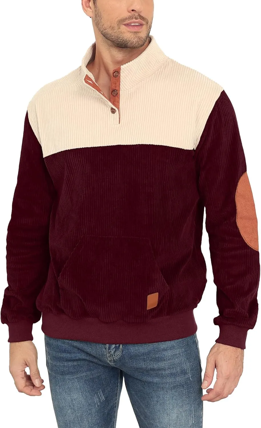 Men's Quarter Button Sweatshirts with Pocket Stand Collar Polo Pullover Sweater Long Sleeve Jacket Henley Waffle Knit Sweater