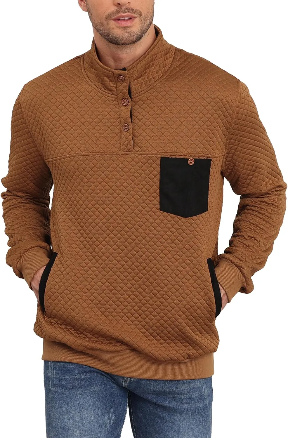 Men's Quarter Button Sweatshirts with Pocket Stand Collar Polo Pullover Sweater Long Sleeve Jacket Henley Waffle Knit Sweater