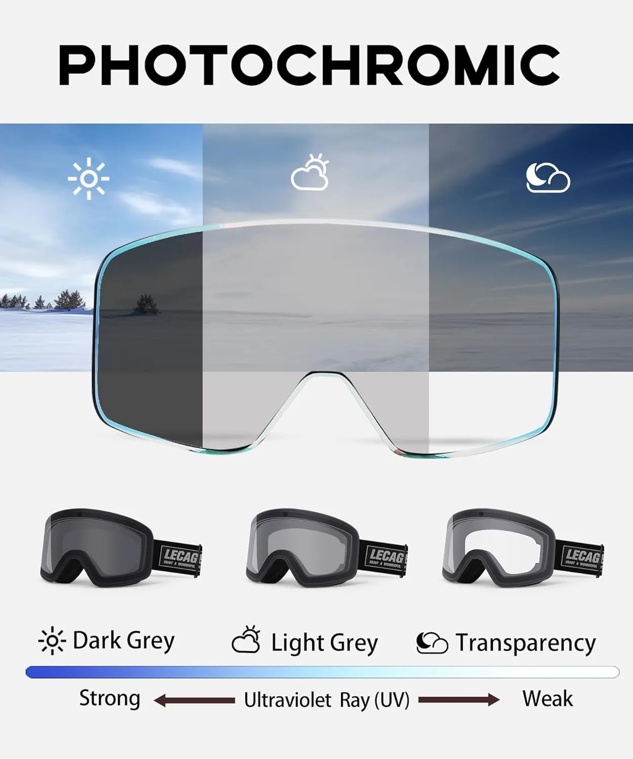 OTG Frameless Photochromic Ski Goggles Light Adaptive PRO Anti-Fog, UV Protection Snowboard/Snow Goggles for Men Women