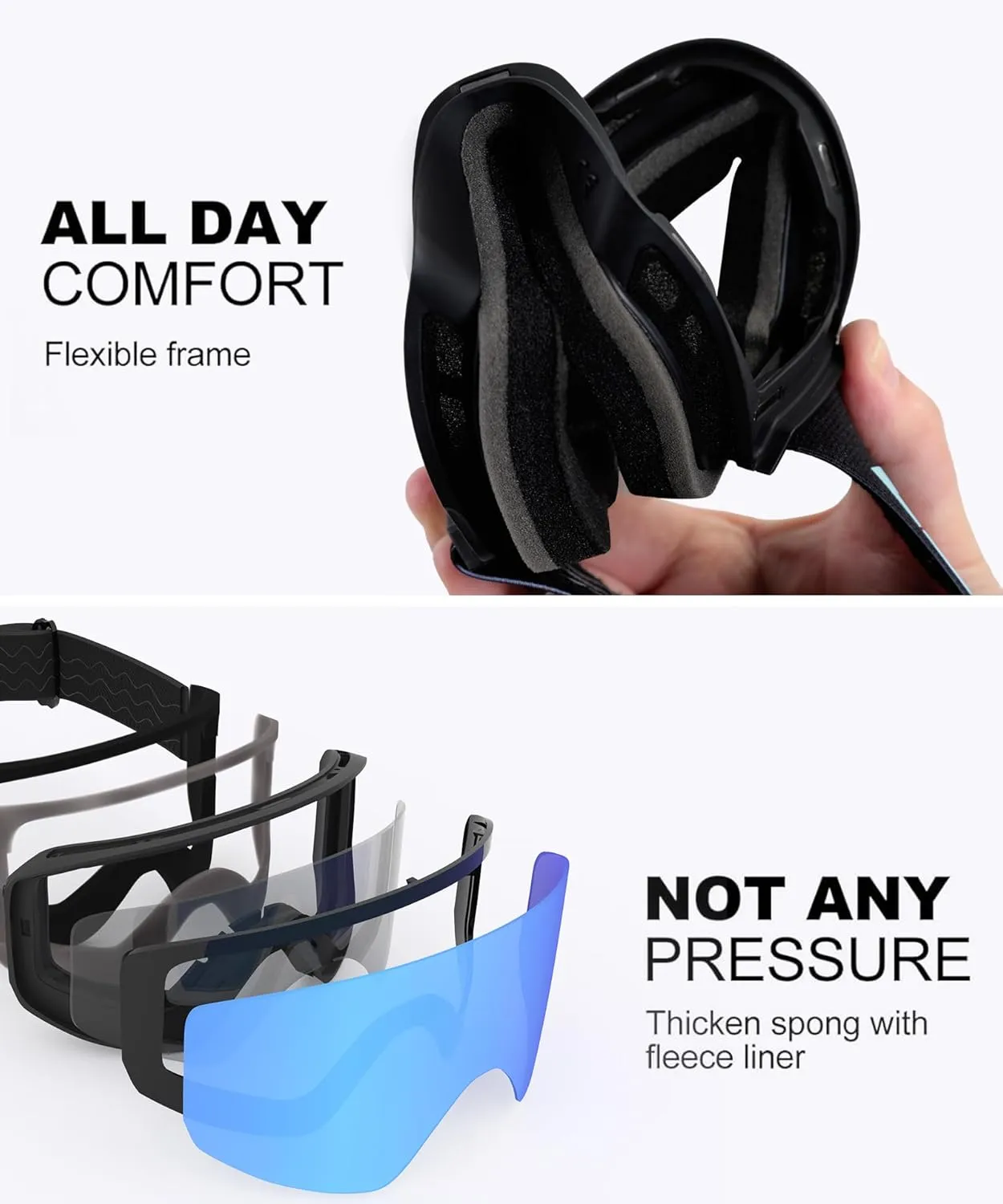 OTG Ski Goggles Interchangeable Lens Snow/Snowboard Goggles -100% UV400 Protection for Women Men Adult