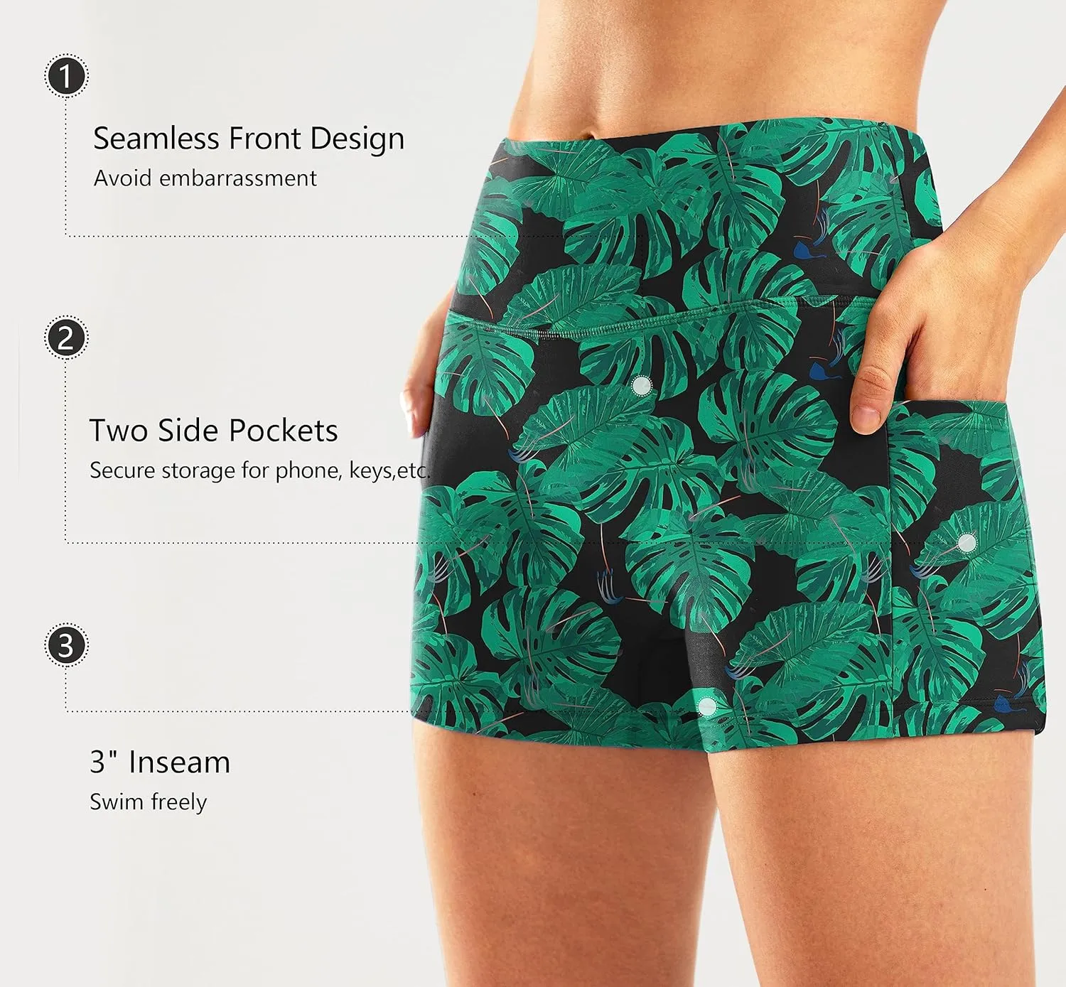 Pudolla Womens Swim Shorts High Waisted Bathing Bottom Shorts Tummy Control Board Swimsuit with Pockets