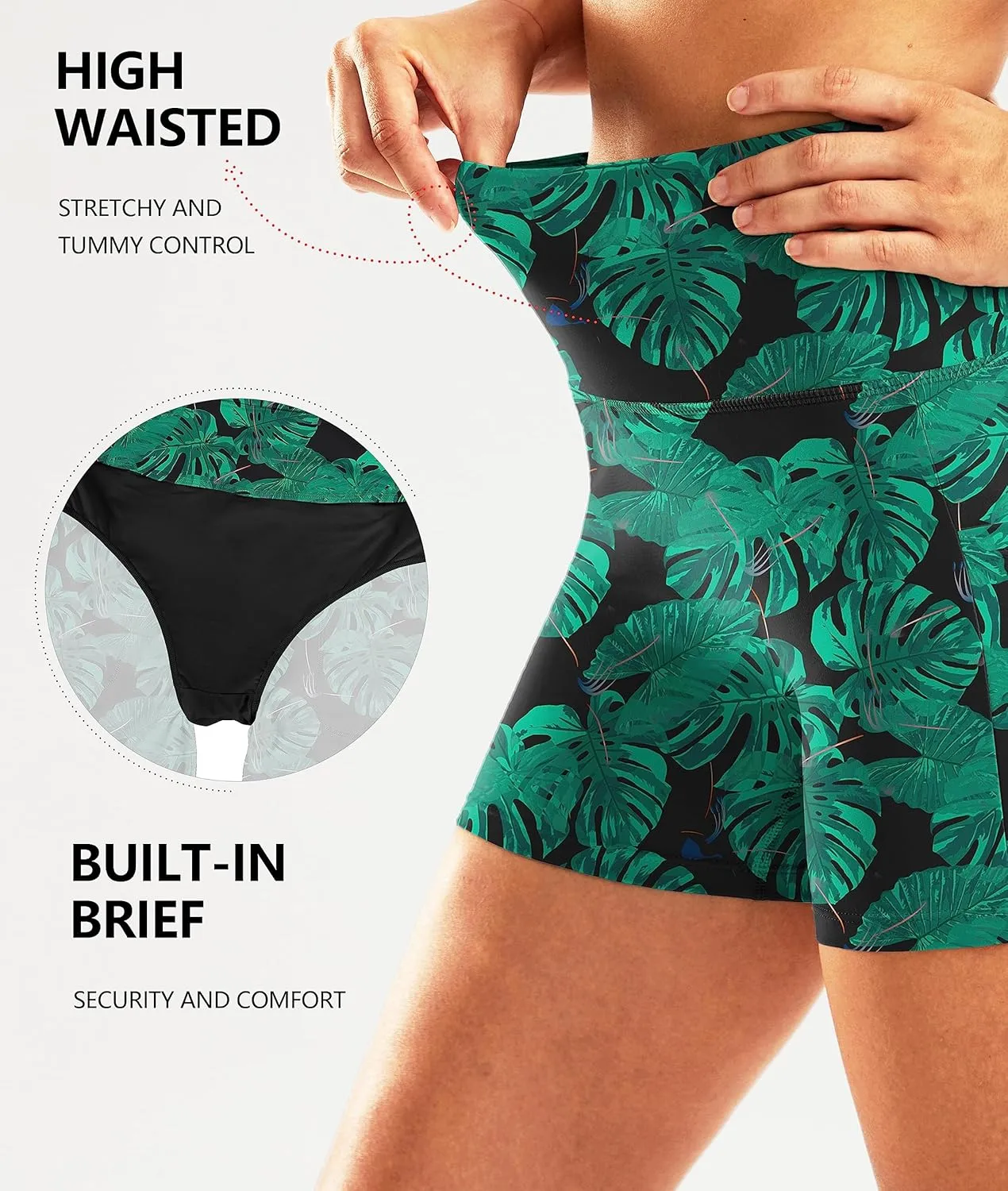 Pudolla Womens Swim Shorts High Waisted Bathing Bottom Shorts Tummy Control Board Swimsuit with Pockets