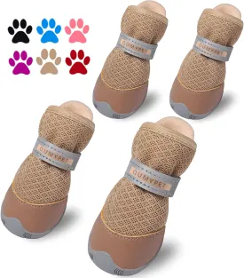 QUMY 4PCS Dog Shoes for Small Dogs, Hot Pavement Summer Puppy Dog Boots & Paw Protectors with Soft Anti-Slip Rubber Sole, Mesh Breathable Dog Booties for Hardfloors, Walking Running Khaki Size 5