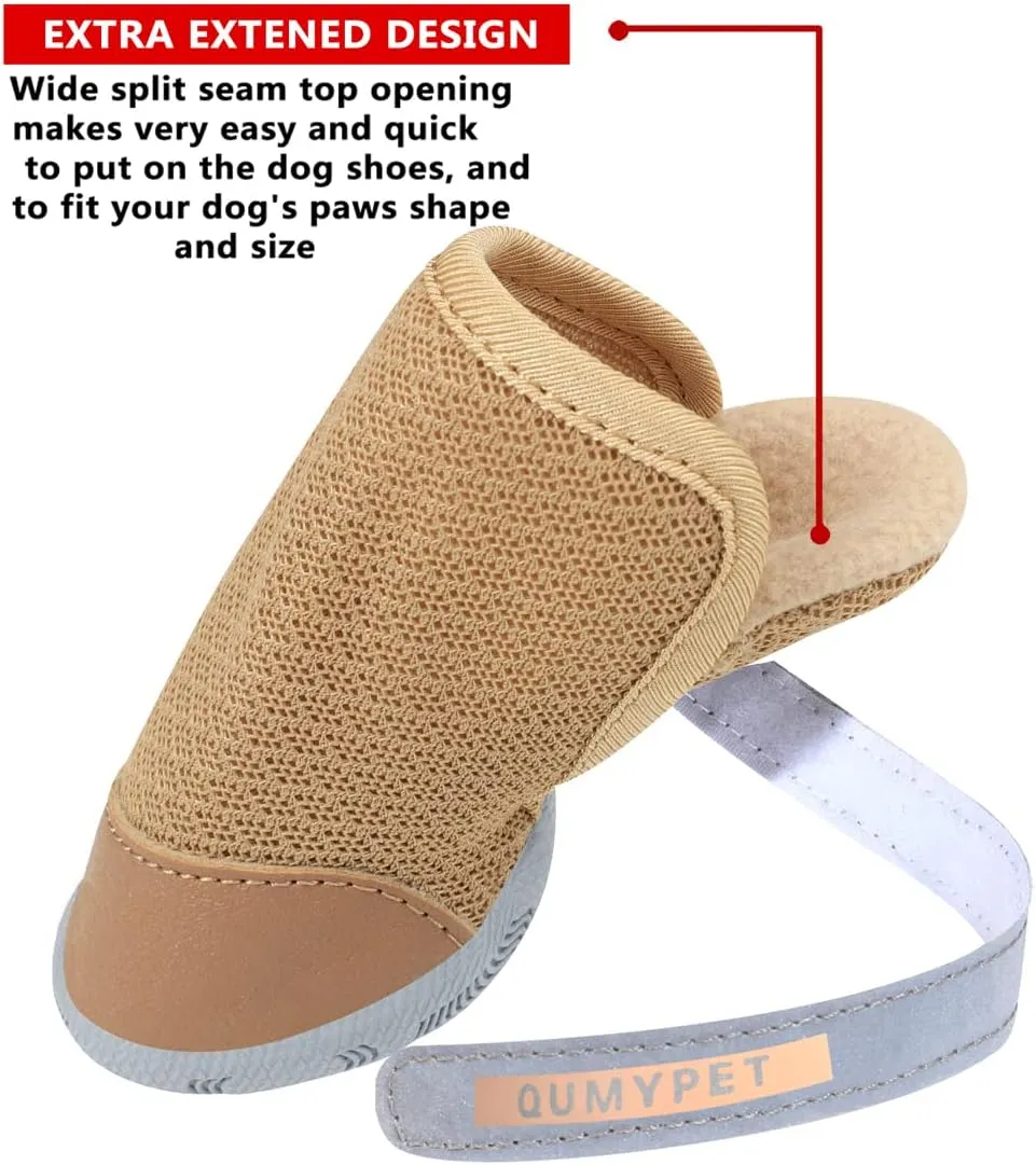 QUMY 4PCS Dog Shoes for Small Dogs, Hot Pavement Summer Puppy Dog Boots & Paw Protectors with Soft Anti-Slip Rubber Sole, Mesh Breathable Dog Booties for Hardfloors, Walking Running Khaki Size 5