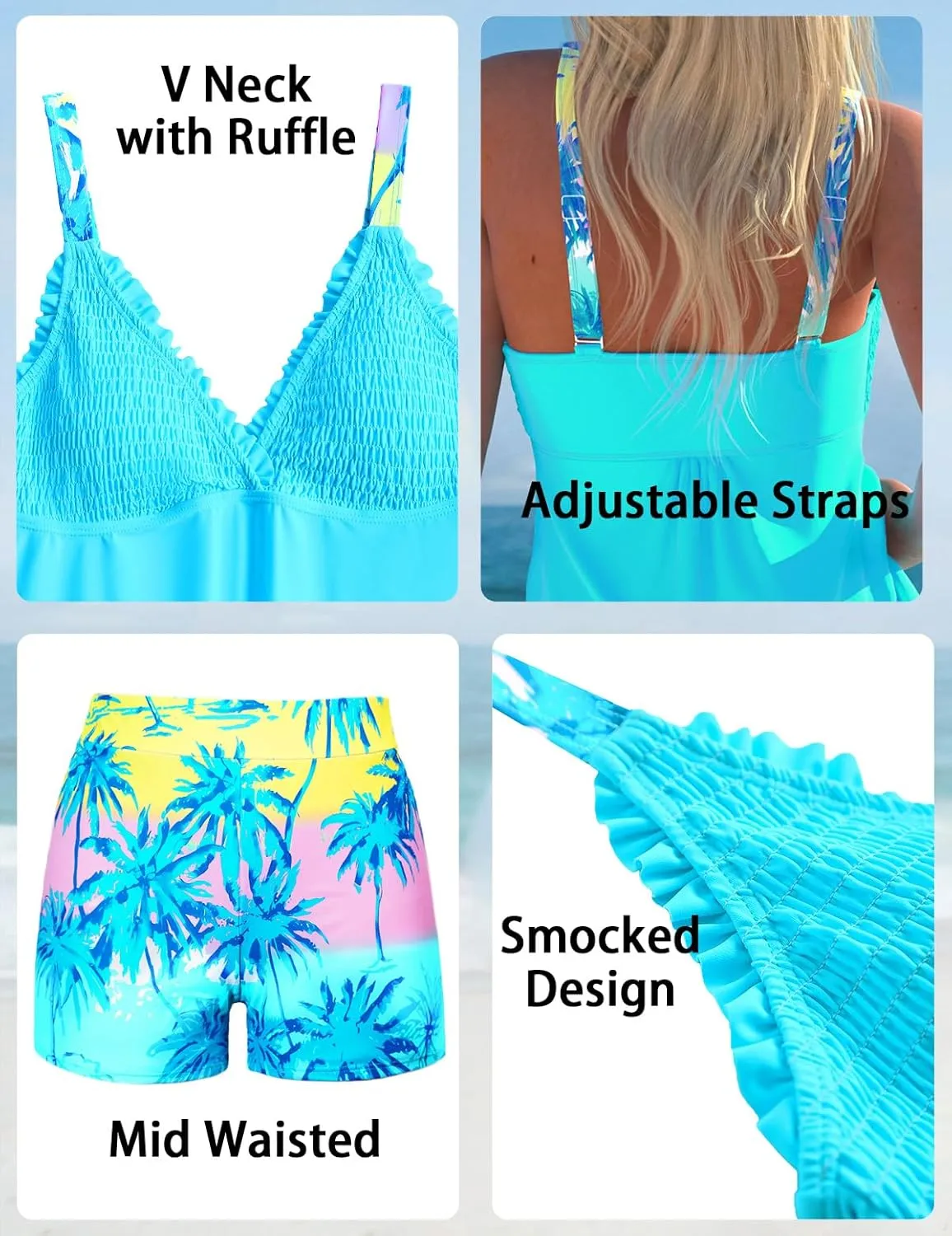 ROSEWE Womens Tankini Bathing Suits, Two-Piece Smocked Swim Dress, Print Swimsuits with Board Shorts