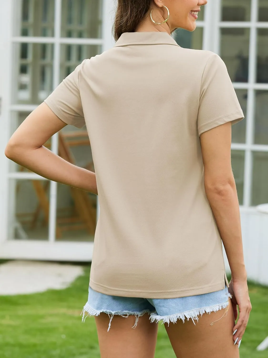 SMENG Women's Polo Shirts Cotton Pique Short Sleeve Summer Tops Collared V-Neck Work,Casual,Golf Shirt