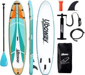 Uboway Inflatable Paddle Boards Stand Up: 10/11 feet SUP with Adjustable Paddle Backpack Pump Leash Fin Youth Adults Standup Paddleboard (Teal)