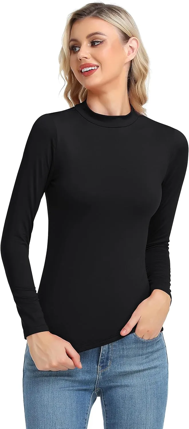 Women's Basic Long Sleeve Thermal Top Lightweight Mock Neck Shirts Slim Fit Layer Soft Top