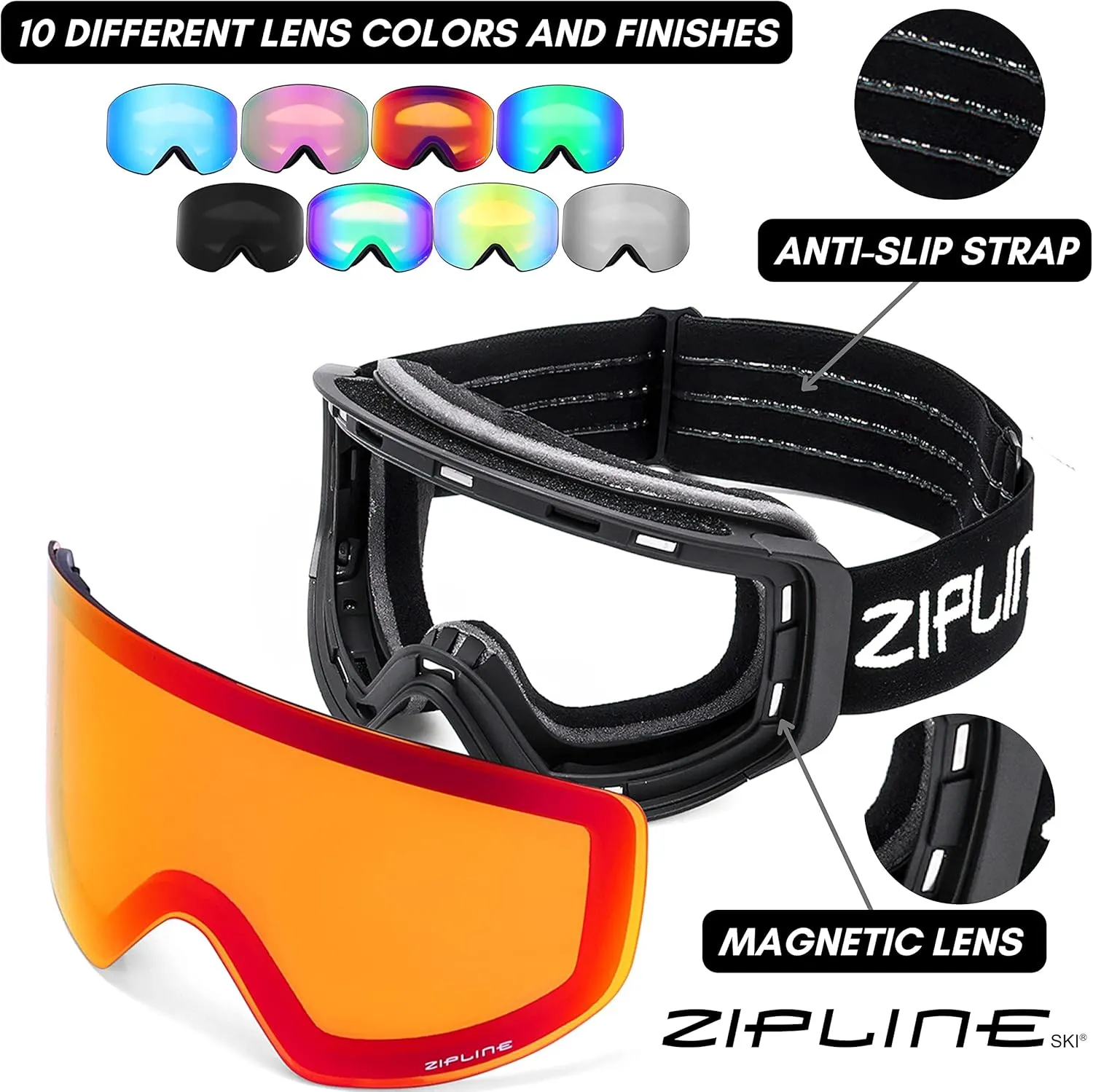 Zipline Podium XT Ski Goggles - No Fog Magnetic Lenses, Double Cylindrical Polycarbonate, Easy Lens Change