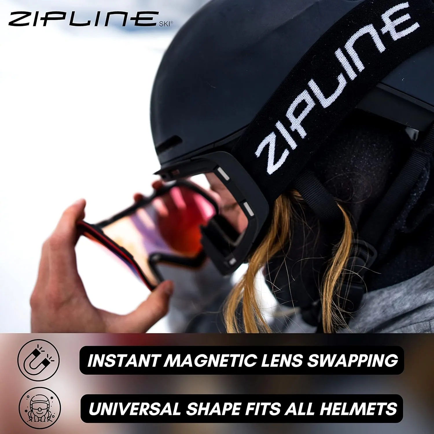 Zipline Podium XT Ski Goggles - No Fog Magnetic Lenses, Double Cylindrical Polycarbonate, Easy Lens Change